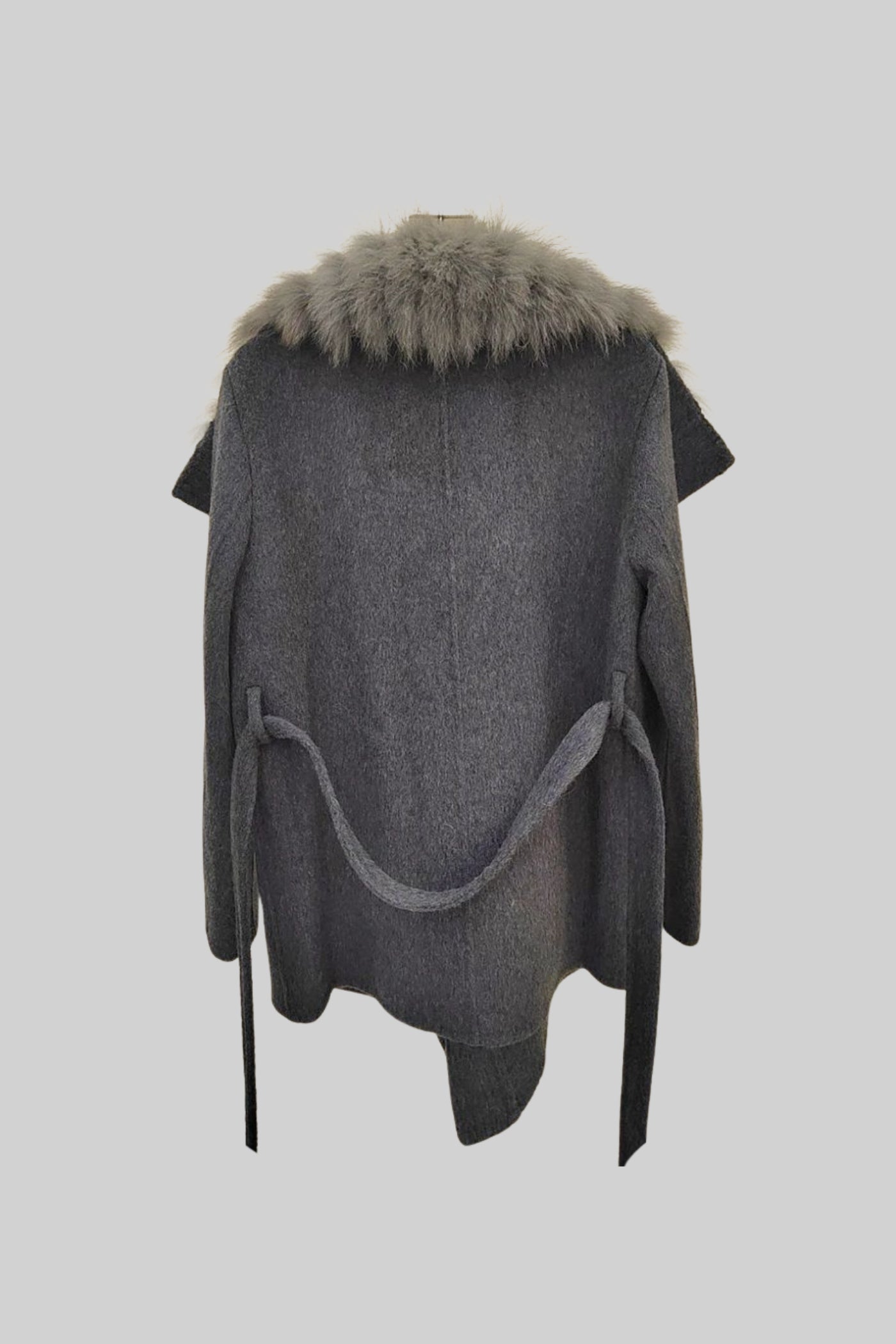 Elena - Abrigo de Lana con Cuello Oversized de Piel y Cinturón - Gris
