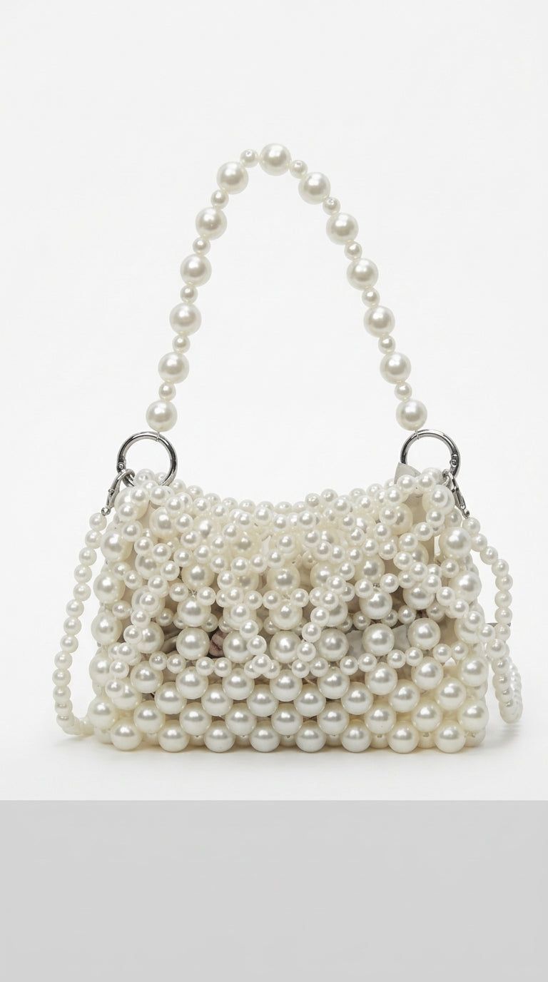 Luna - Bolso de Mano con Cuentas y Perlas - Blanco