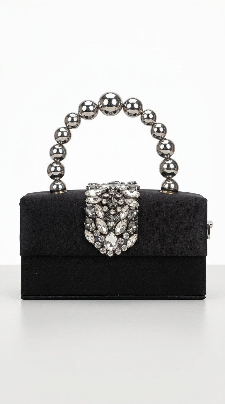 Perla - Bolso de Satén con Adornos de Diamantes - Negro