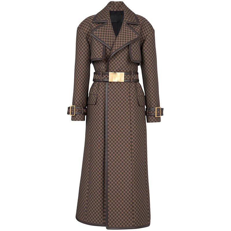 Adriana - Abrigo Trench de Jacquard con Cinturón de Hebilla Dorada - Marrón