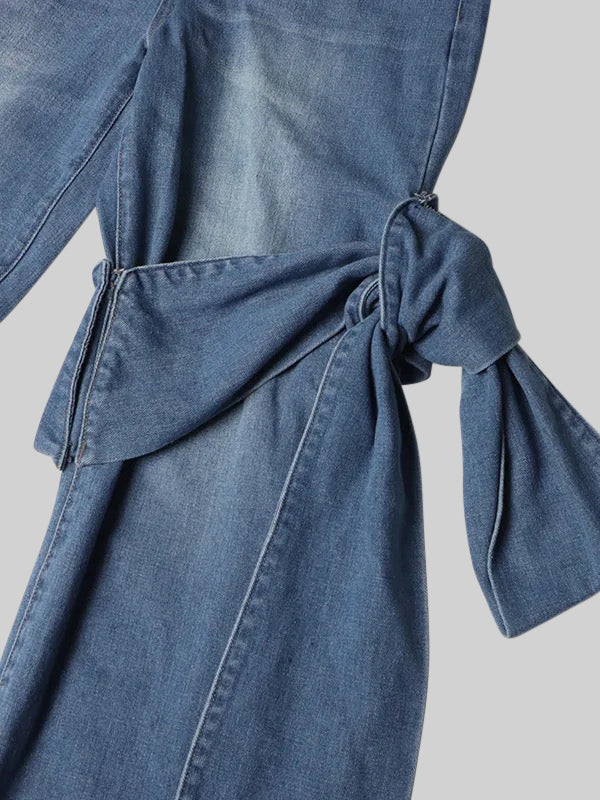 Ana - Jeans de Pernera Ancha con Detalles de Lazo - Azul