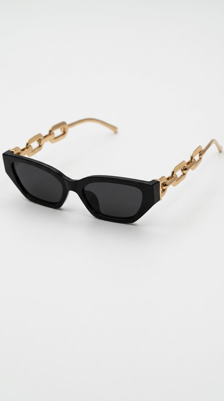 Rocío - Gafas de Ojo de Gato con Brazos de Cadena Dorada - Negro