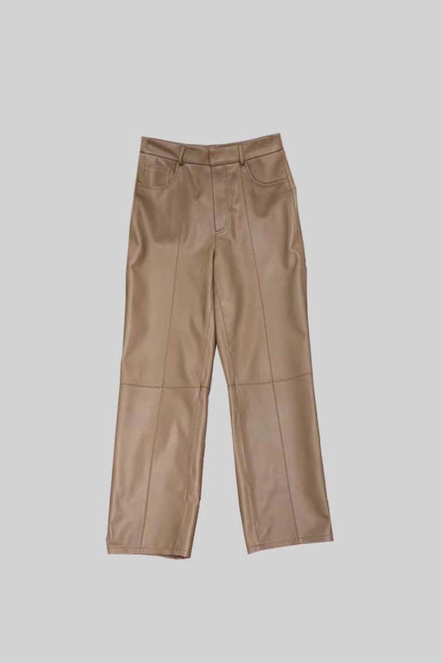 Mercedes - Pantalones Rectos de Piel con Costuras Decorativas - Beige