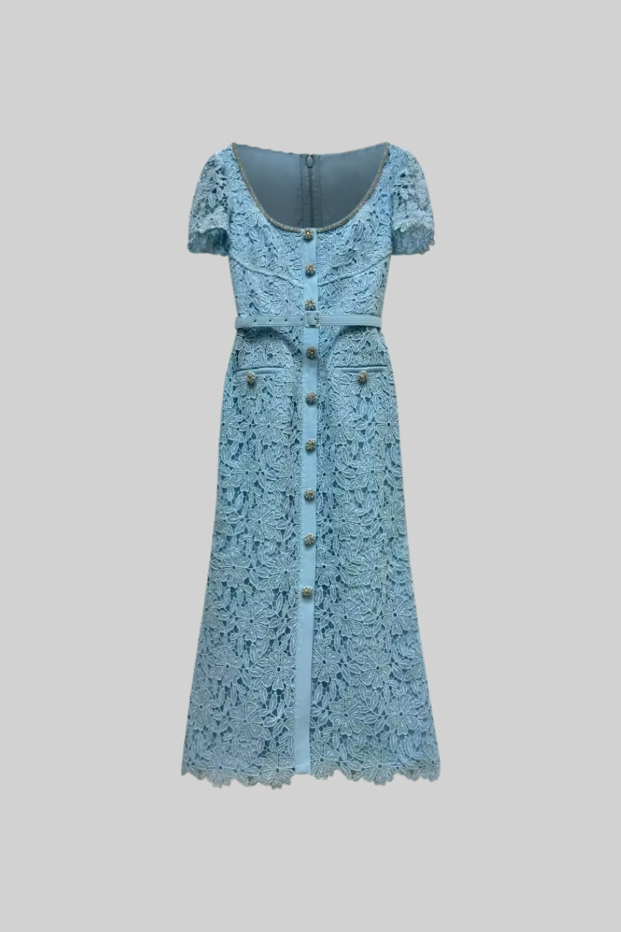 Valentina - Delicado Vestido Midi de Encaje Azur - Azul Bebé