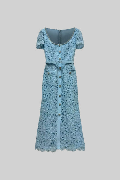 Valentina - Delicado Vestido Midi de Encaje Azur - Azul Bebé