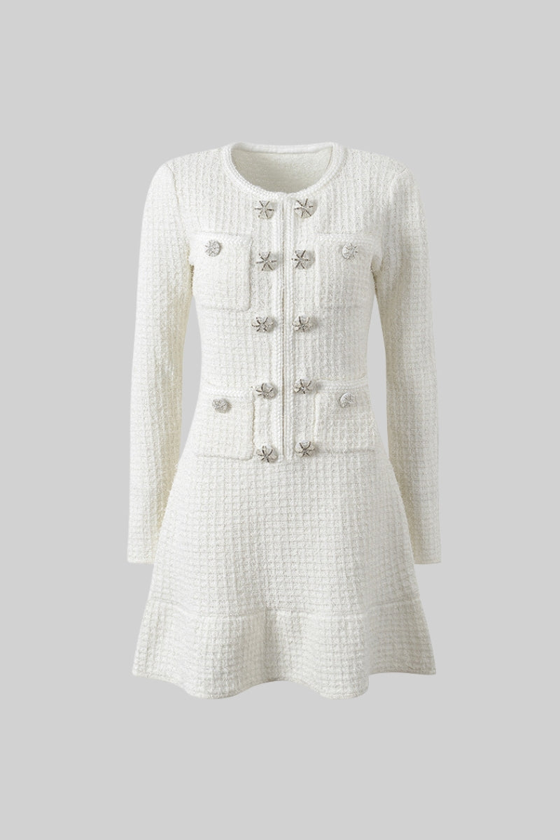 Lucía - Vestido de Punto de Manga Larga hasta la Rodilla - Blanco