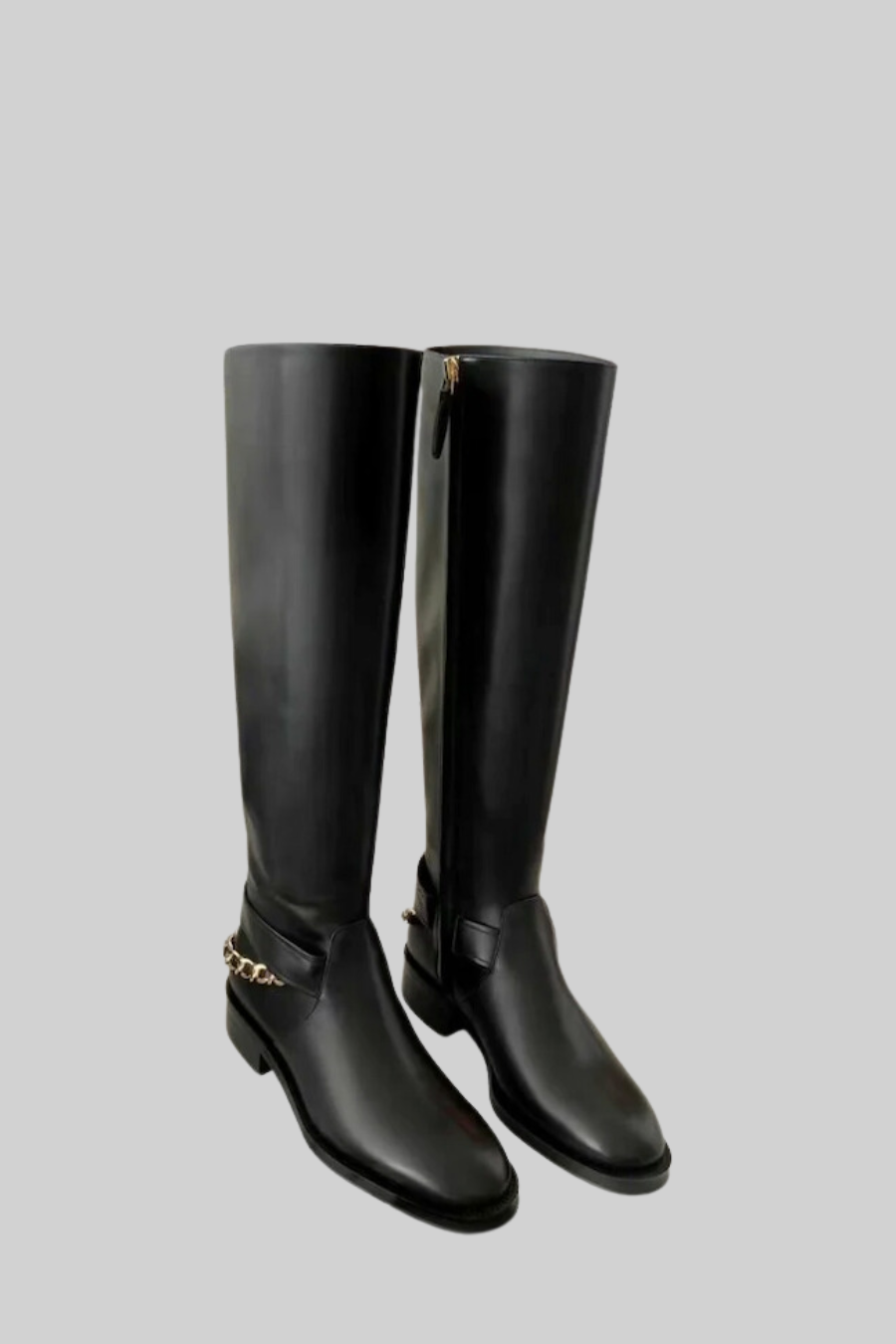 Luz - Botas de Piel Estilo Ecuestre con Cadena Trasera - Negro