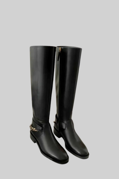 Luz - Botas de Piel Estilo Ecuestre con Cadena Trasera - Negro