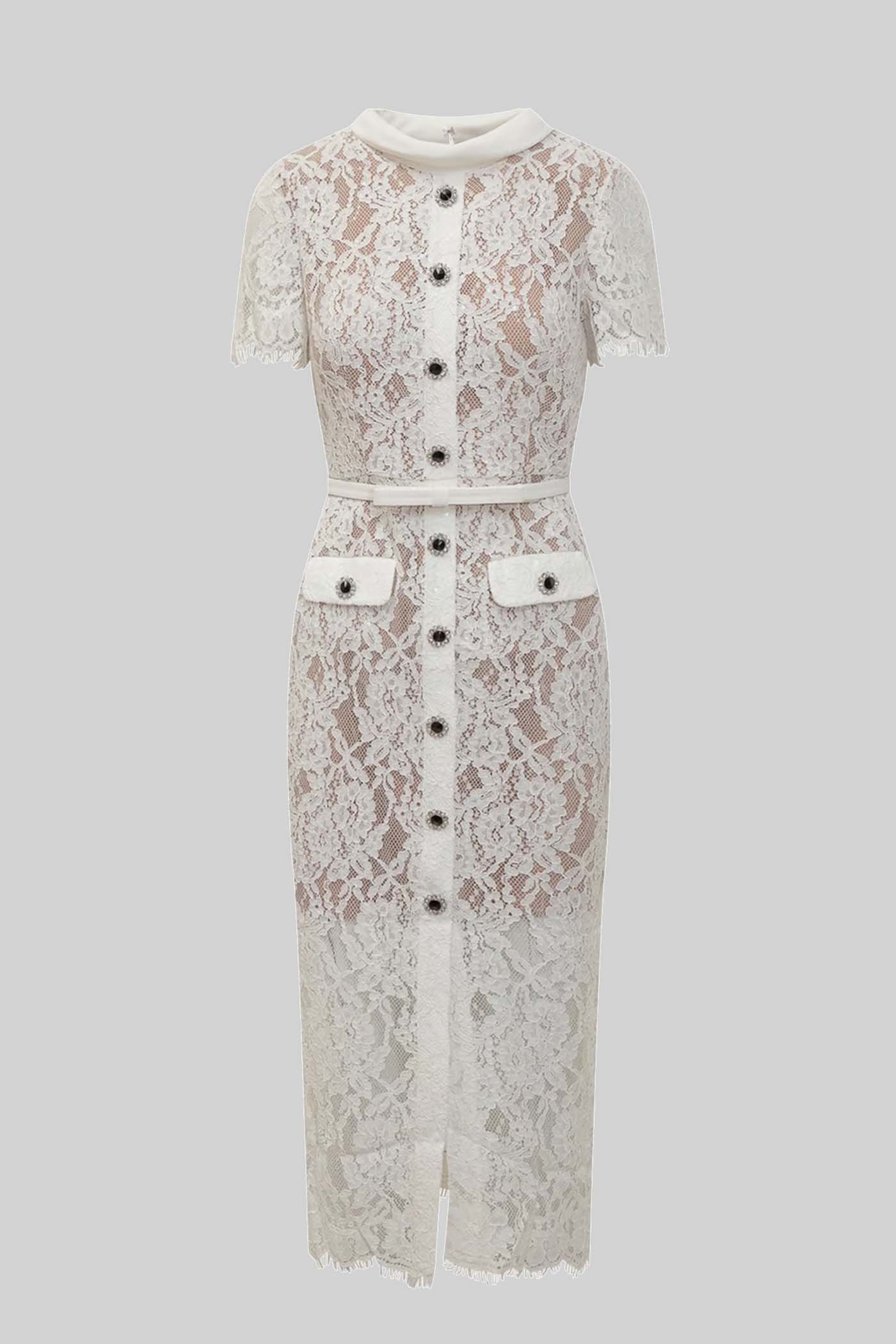 Victoria - Vestido Elegante de Encaje con Manga Corta y Cinturón a Juego - Blanco