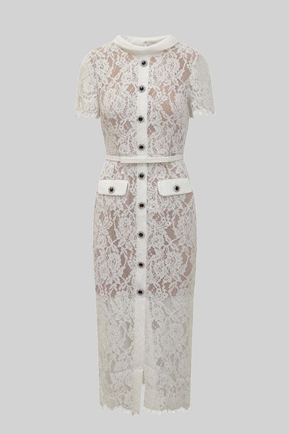 Victoria - Vestido Elegante de Encaje con Manga Corta y Cinturón a Juego - Blanco