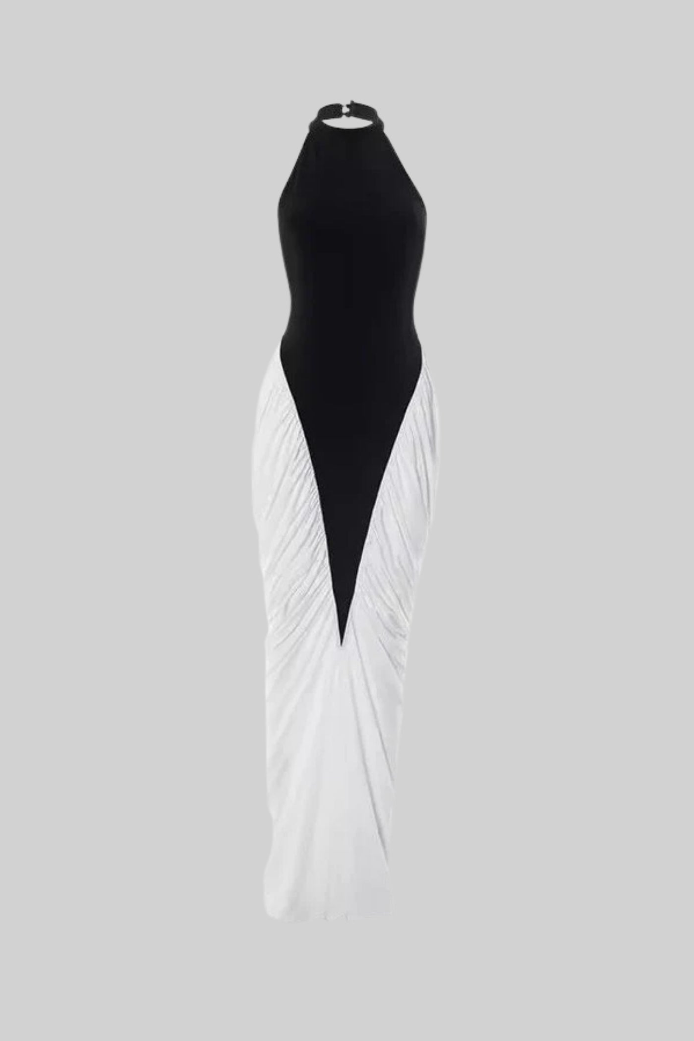 Emma - Vestido Maxi Halter con Paneles Fruncidos Contrastantes - Negro/Blanco