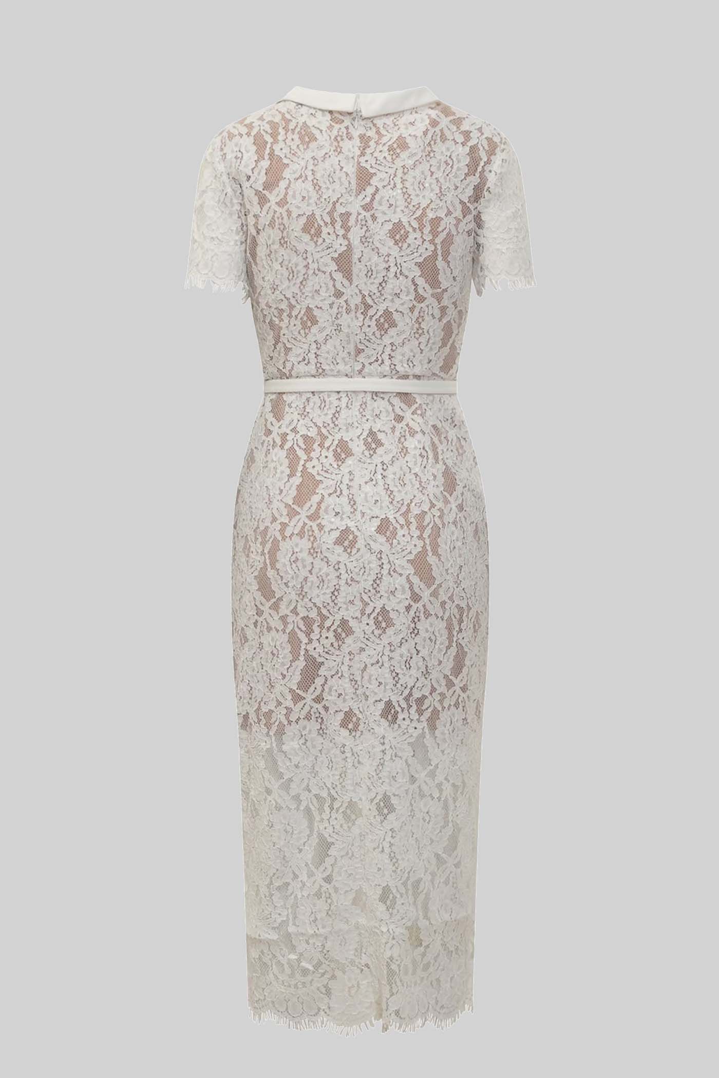 Victoria - Vestido Elegante de Encaje con Manga Corta y Cinturón a Juego - Blanco