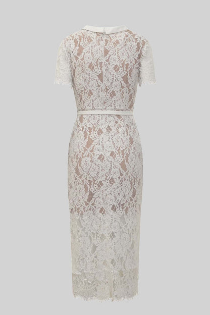 Victoria - Vestido Elegante de Encaje con Manga Corta y Cinturón a Juego - Blanco