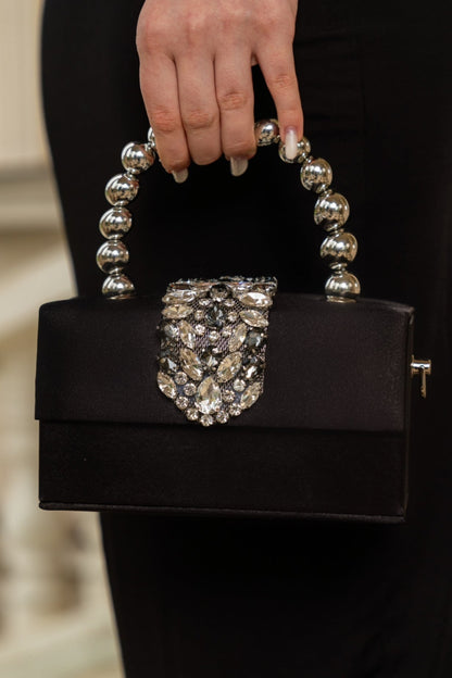 Perla - Bolso de Satén con Adornos de Diamantes - Negro