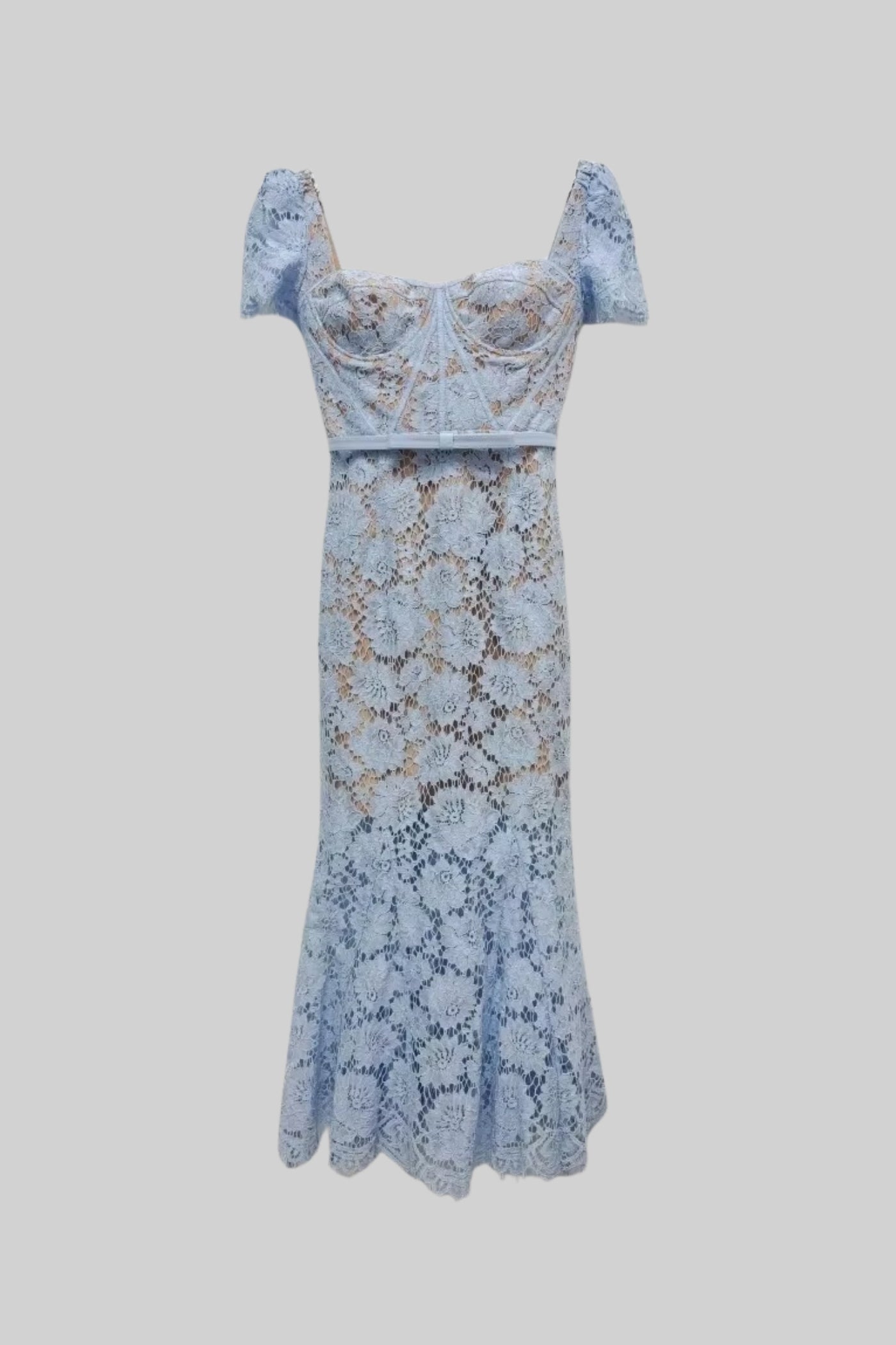 Natalia - Vestido de Encaje con Manga Corta y Delicado Cinturón a Juego - Azul