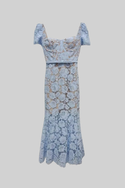 Natalia - Vestido de Encaje con Manga Corta y Delicado Cinturón a Juego - Azul