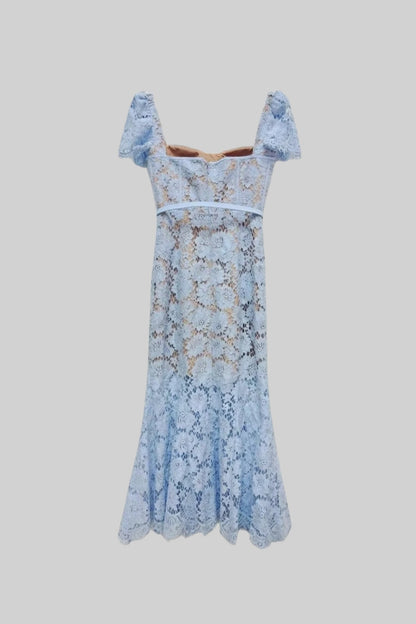 Natalia - Vestido de Encaje con Manga Corta y Delicado Cinturón a Juego - Azul