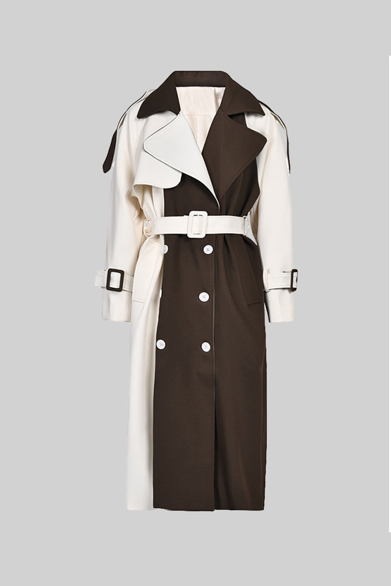 Alejandra - Abrigo Trench Bicolor de Doble Botonadura - Crema y Marrón