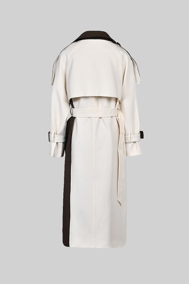 Alejandra - Abrigo Trench Bicolor de Doble Botonadura - Crema y Marrón