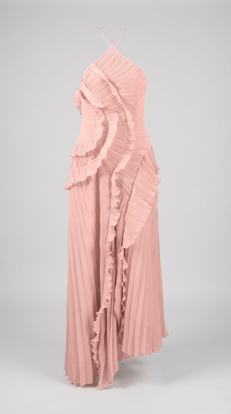Sofía - Vestido Midi Plisado Halter con Detalles de Volantes en Cascada - Lavanda