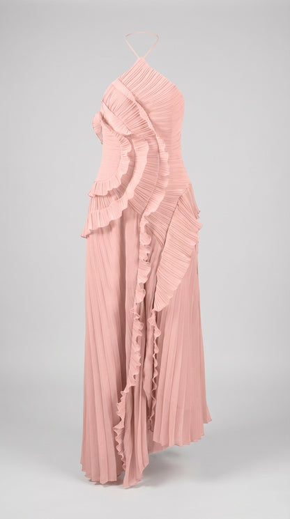 Sofía - Vestido Midi Plisado Halter con Detalles de Volantes en Cascada - Lavanda