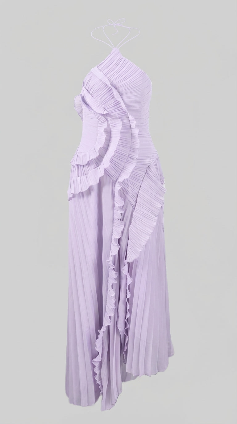 Sofía - Vestido Midi Plisado Halter con Detalles de Volantes en Cascada - Lavanda