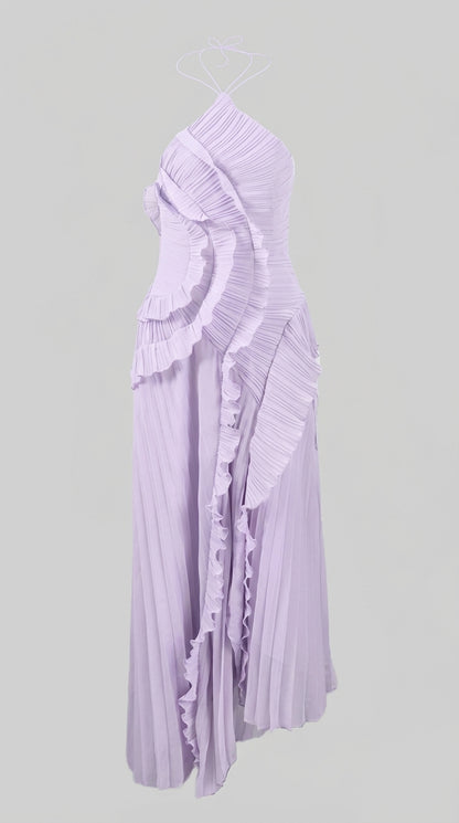 Sofía - Vestido Midi Plisado Halter con Detalles de Volantes en Cascada - Lavanda