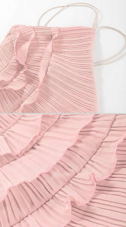 Sofía - Vestido Midi Plisado Halter con Detalles de Volantes en Cascada - Lavanda