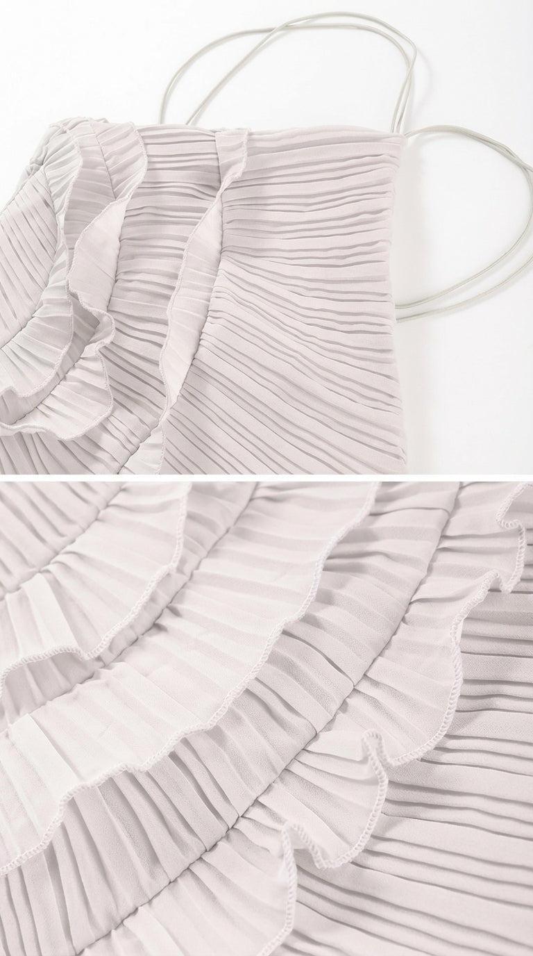Sofía - Vestido Midi Plisado Halter con Detalles de Volantes en Cascada - Lavanda