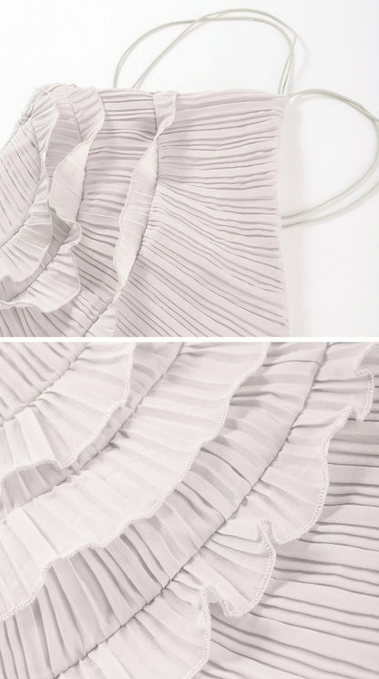 Sofía - Vestido Midi Plisado Halter con Detalles de Volantes en Cascada - Lavanda