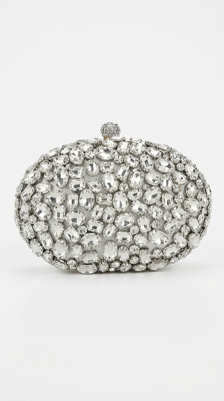 Sol - Clutch Ovalado con Incrustaciones de Cristal y Acabado de Piedras - Plateado