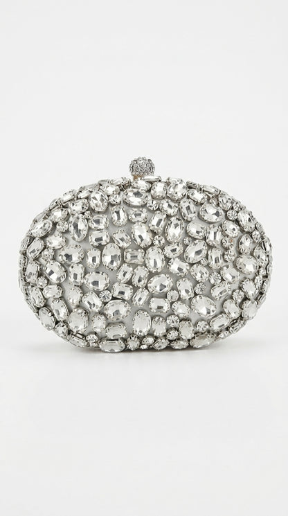 Sol - Clutch Ovalado con Incrustaciones de Cristal y Acabado de Piedras - Plateado