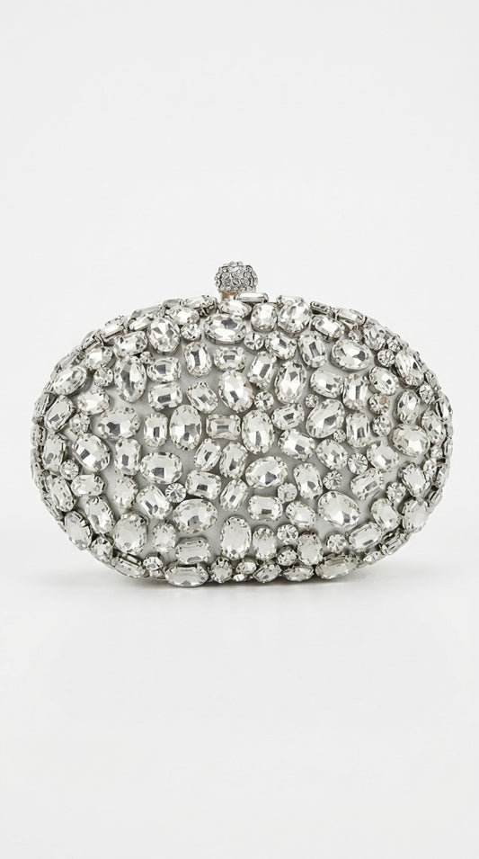 Sol - Clutch Ovalado con Incrustaciones de Cristal y Acabado de Piedras - Plateado