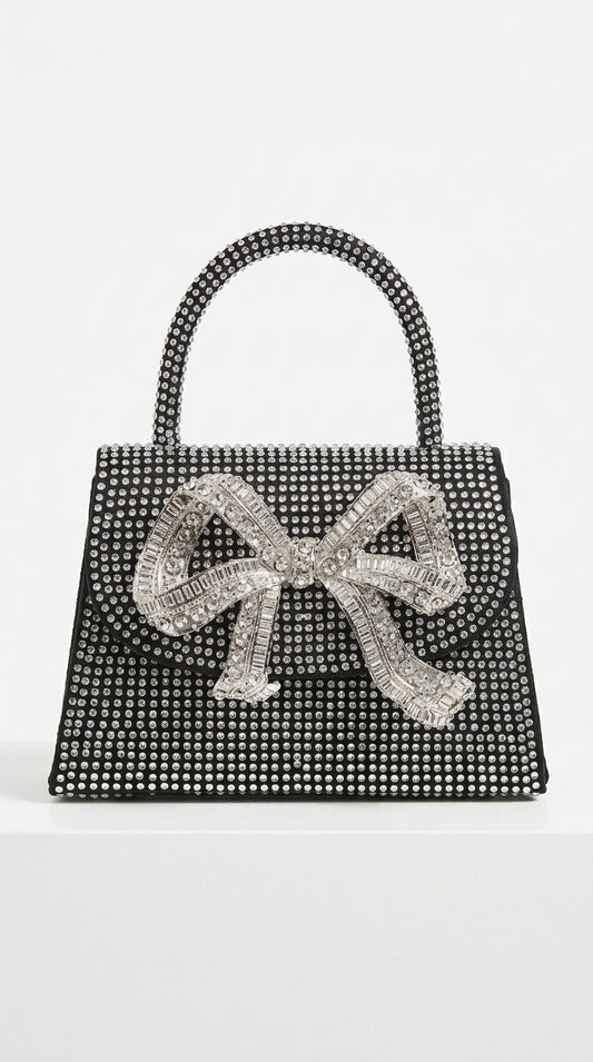 Ámbar - Clutch de Pedrería Brillante con Lazo Metálico Decorativo - Negro