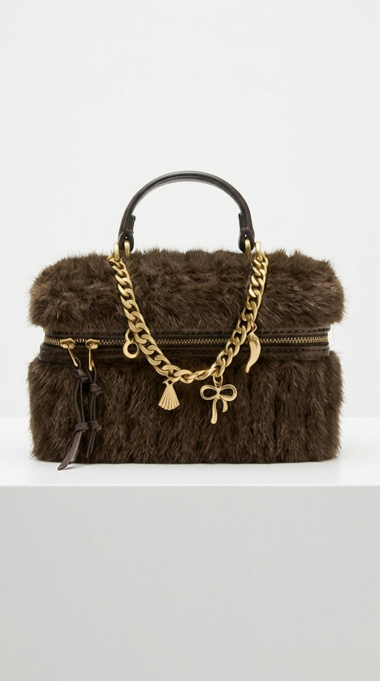 Alba - Bolso de Mano de Piel Sintética con Asa Superior y Cadena Decorativa - Marrón