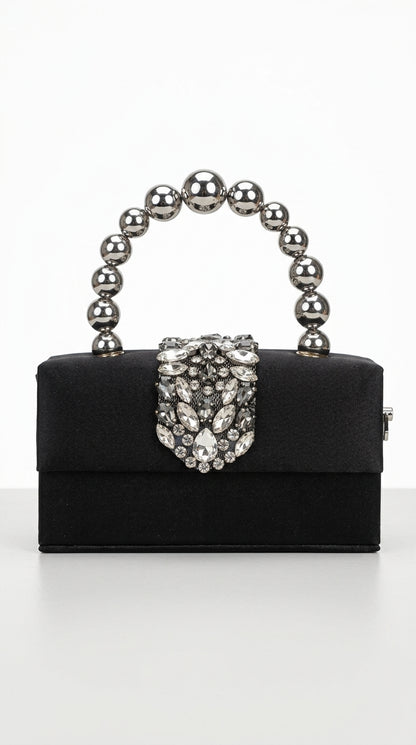 Perla - Bolso de Satén con Adornos de Diamantes - Negro