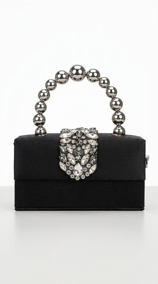 Perla - Bolso de Satén con Adornos de Diamantes - Negro