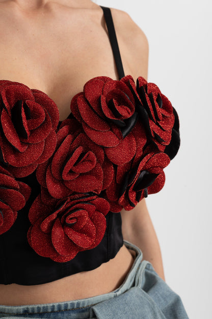 Teresa - Top Corsé con Apliques de Rosas Rojas 3D - Negro