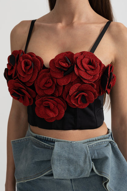Teresa - Top Corsé con Apliques de Rosas Rojas 3D - Negro