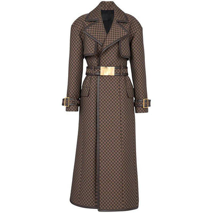 Adriana - Abrigo Trench de Jacquard con Cinturón de Hebilla Dorada - Marrón