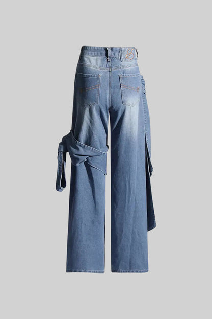 Ana - Jeans de Pernera Ancha con Detalles de Lazo - Azul