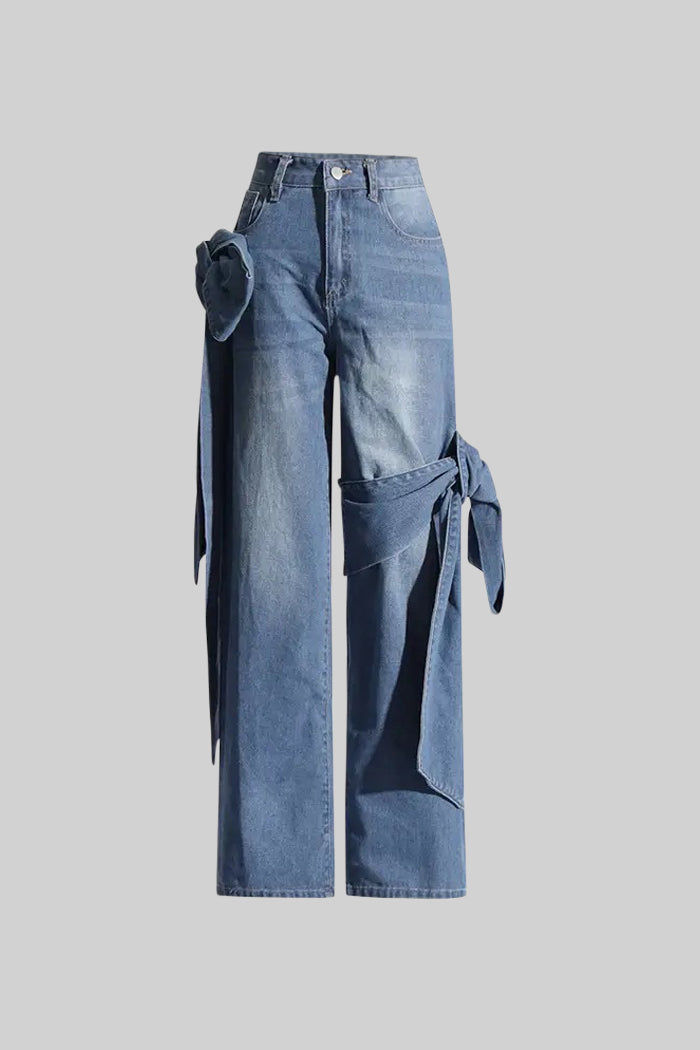 Ana - Jeans de Pernera Ancha con Detalles de Lazo - Azul