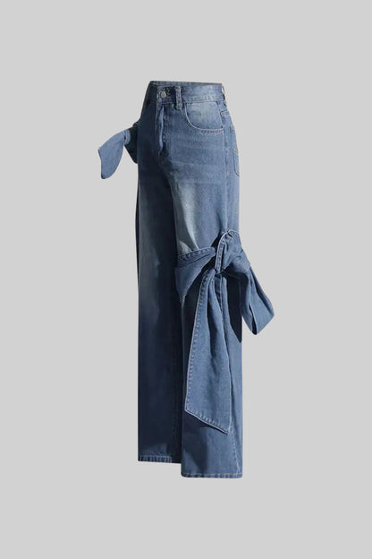 Ana - Jeans de Pernera Ancha con Detalles de Lazo - Azul