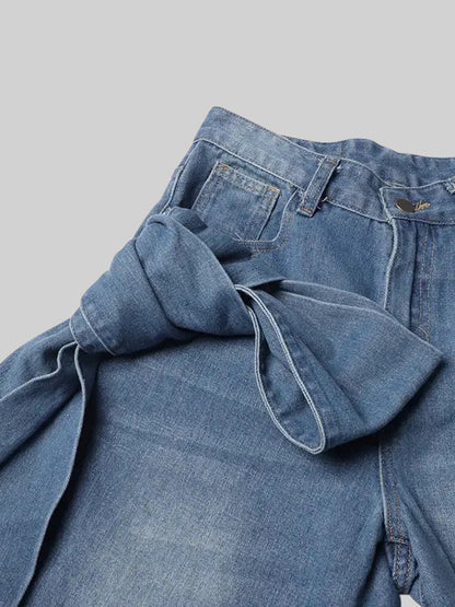 Ana - Jeans de Pernera Ancha con Detalles de Lazo - Azul