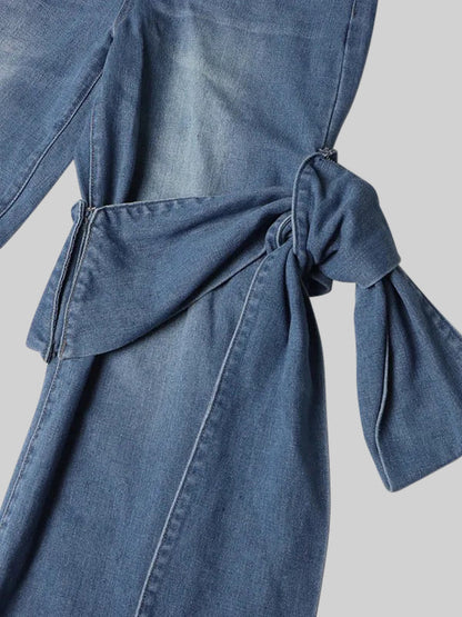 Ana - Jeans de Pernera Ancha con Detalles de Lazo - Azul