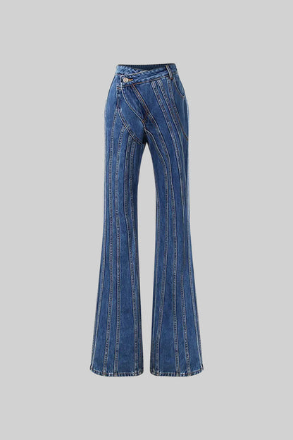 Isabel - Jeans de Pernera Ancha con Diseño de Costuras - Azul