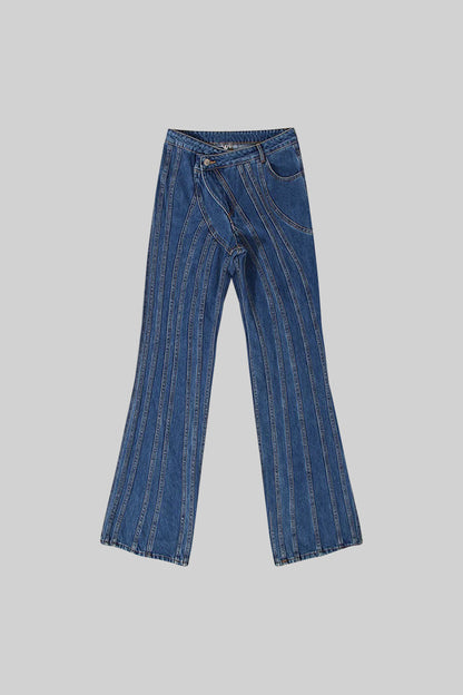 Isabel - Jeans de Pernera Ancha con Diseño de Costuras - Azul
