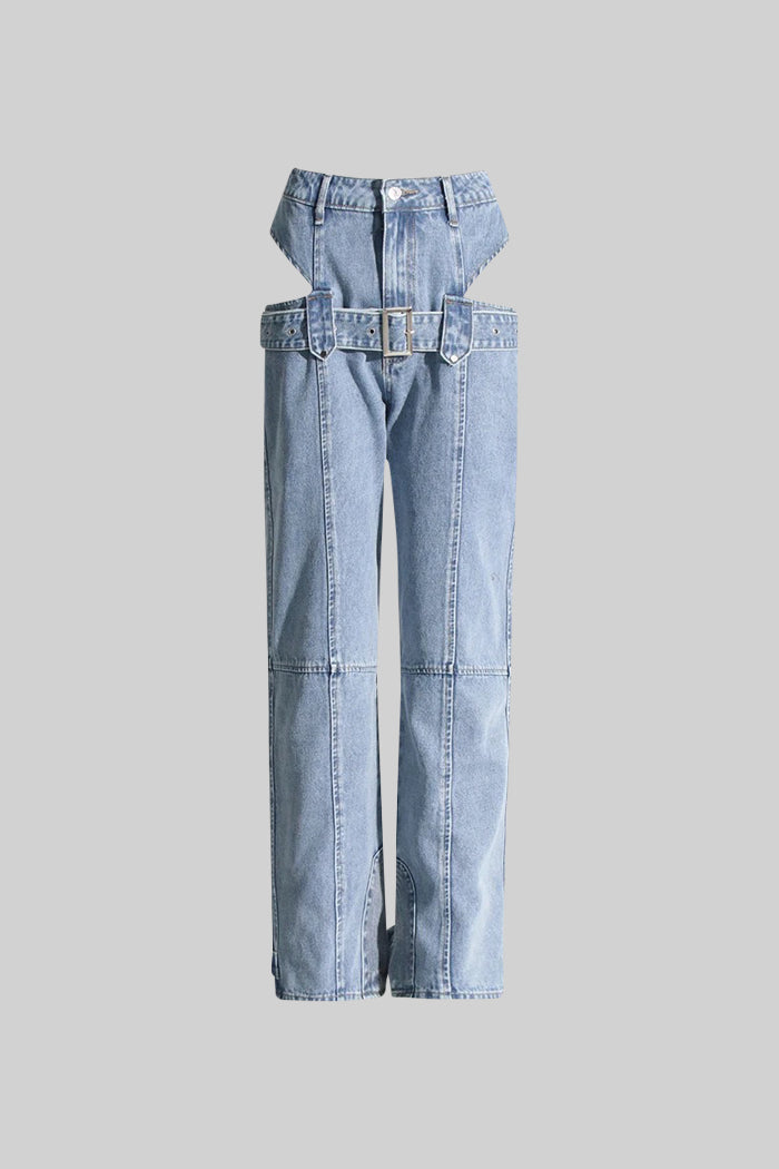 Carmen - Jeans de Pernera Ancha con Recortes Laterales y Hebilla - Azul