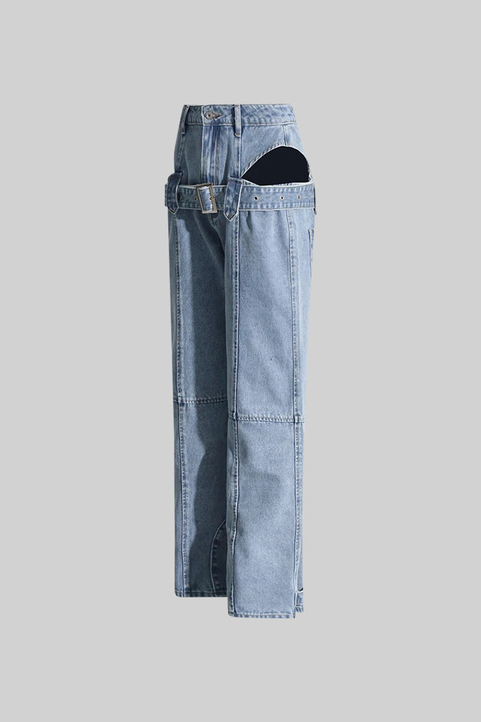 Carmen - Jeans de Pernera Ancha con Recortes Laterales y Hebilla - Azul