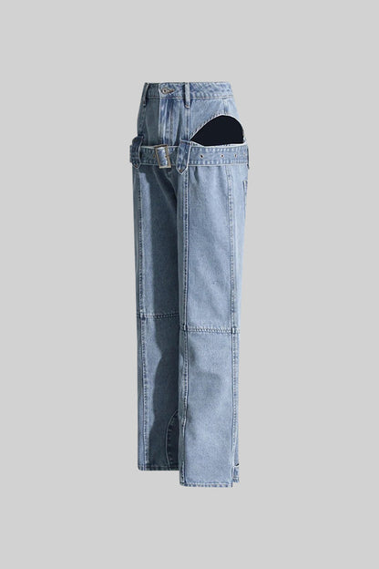 Carmen - Jeans de Pernera Ancha con Recortes Laterales y Hebilla - Azul